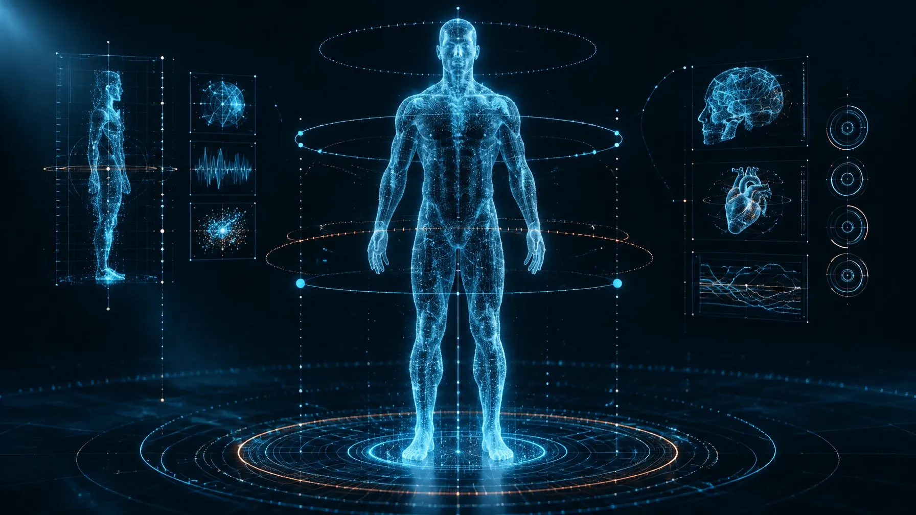 Glowing translucent cyan wireframe human scan with measurement rings and biomarker overlays