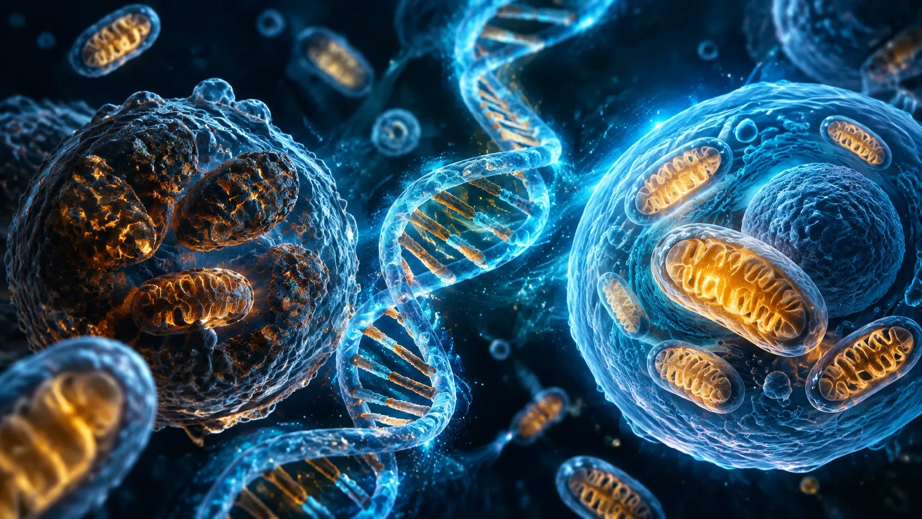 Cyan DNA helix and mitochondria inside translucent cell membranes